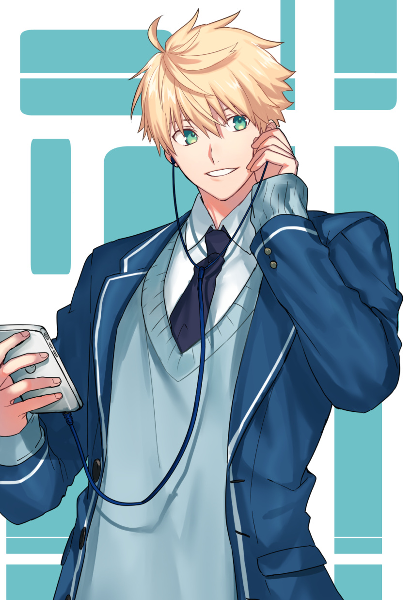 1boy, ahoge, aqua_eyes, blazer, blonde_hair, earphones, fate/grand_order, fate/prototype