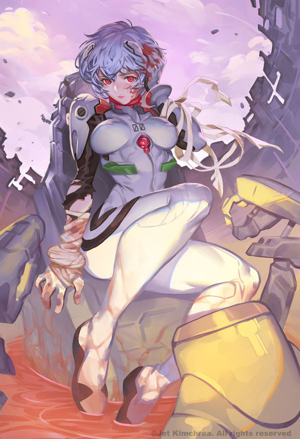 1girl, ayanami_rei, bandage, blood, blood_on_face, bloody_hand, blue_hair, breasts