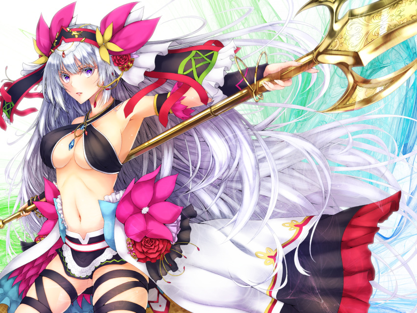 1girl, bow, breasts, flower, gem, hair_bow, hair_flower, hair_ornament