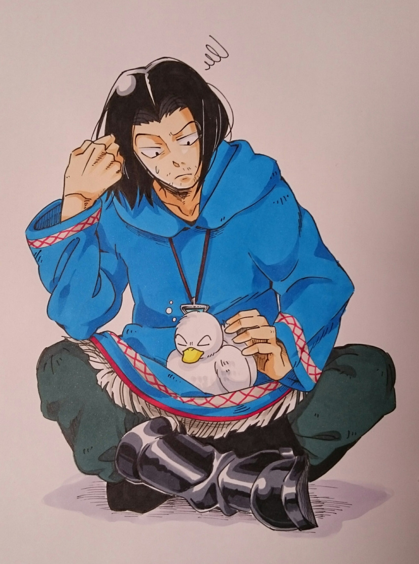 1boy, absurdres, animal, animal_on_lap, aoi_saturday, bird, black_hair, black_pants