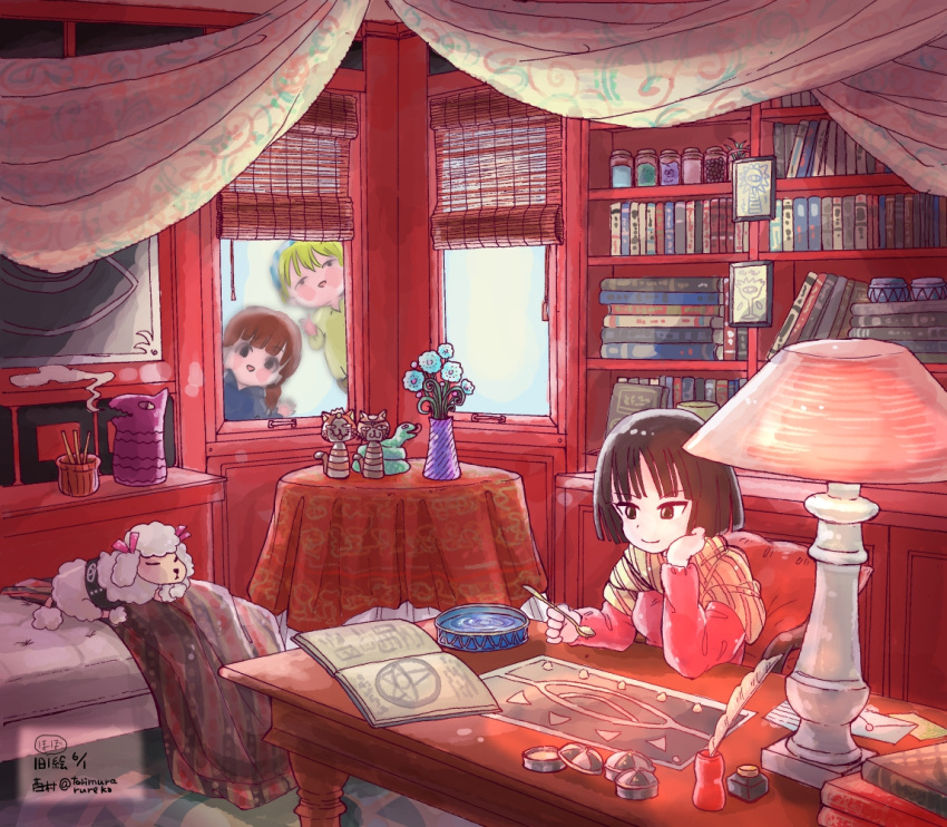 1boy, 2girls, artist_name, bed, black_hair, blinds, blonde_hair, book