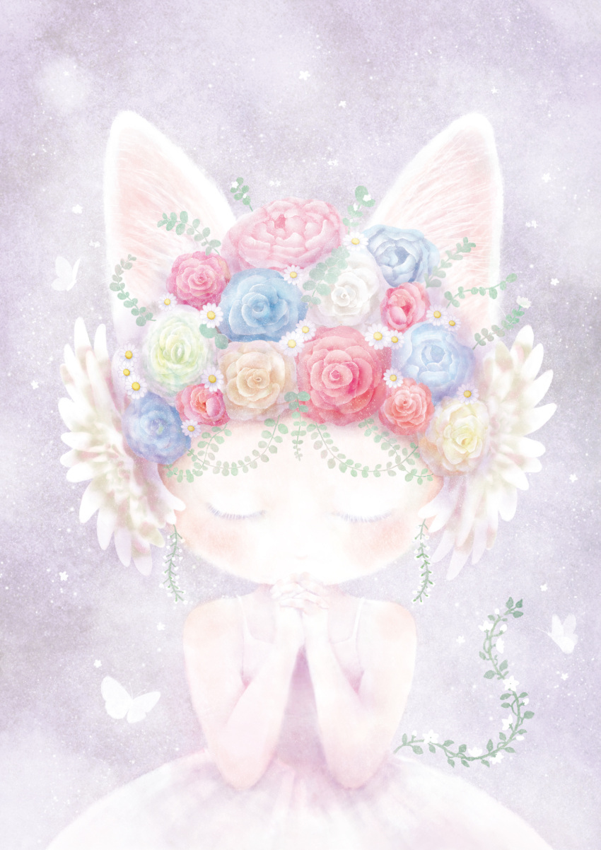 1girl, animal_ears, bare_arms, bare_shoulders, blue_rose, blush, butterfly, cat_ears