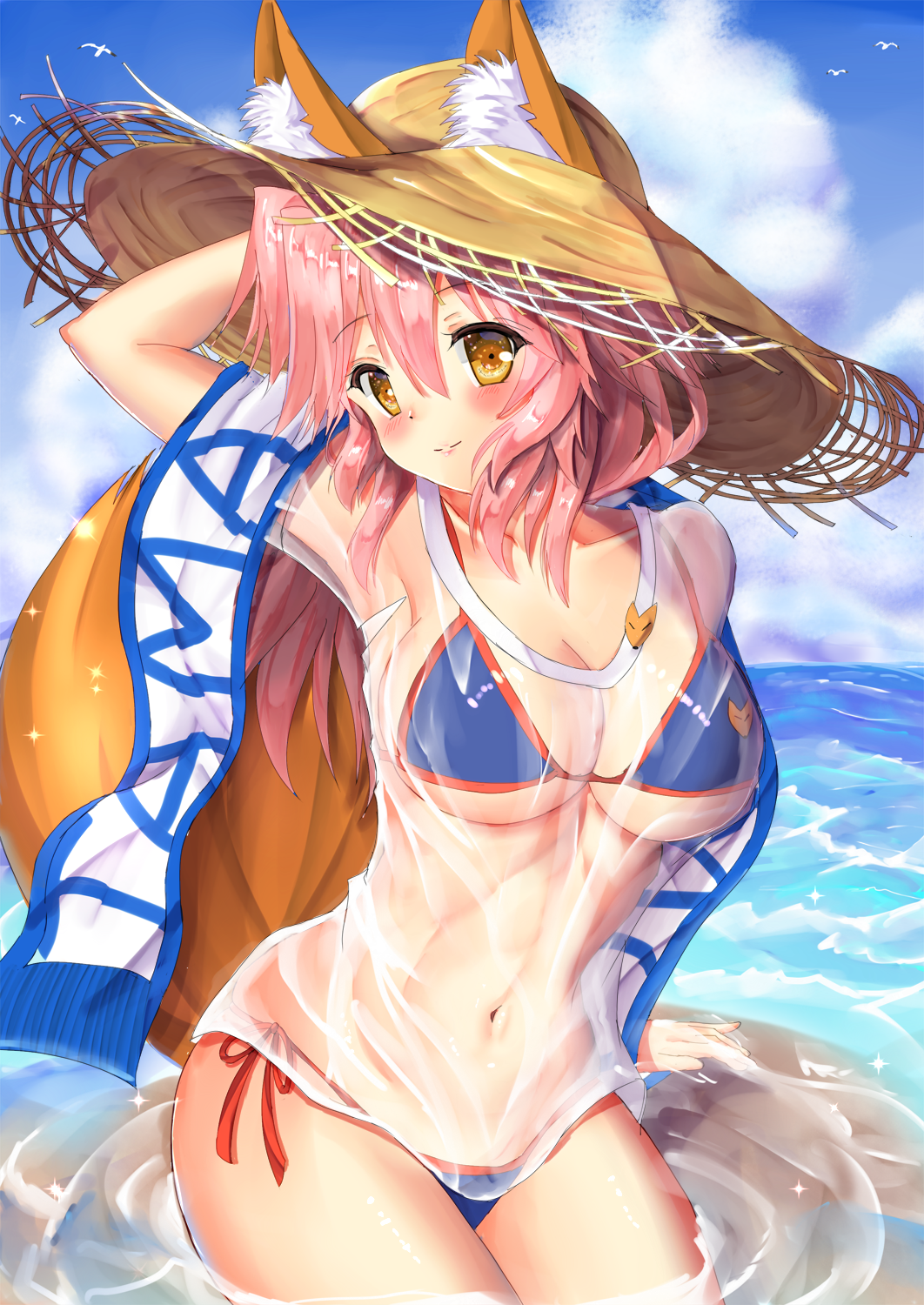 1girl, animal_ears, bikini, blue_bikini, blush, breasts, cleavage, closed_mouth