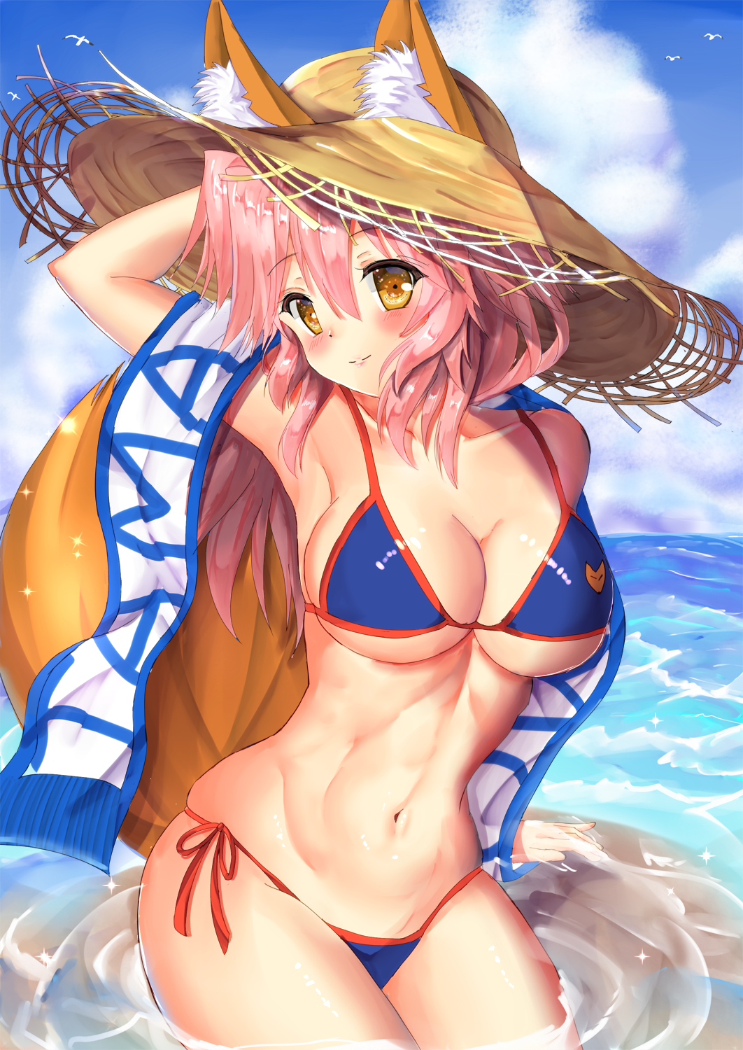 1girl, animal_ears, bikini, blue_bikini, blush, breasts, cleavage, closed_mouth