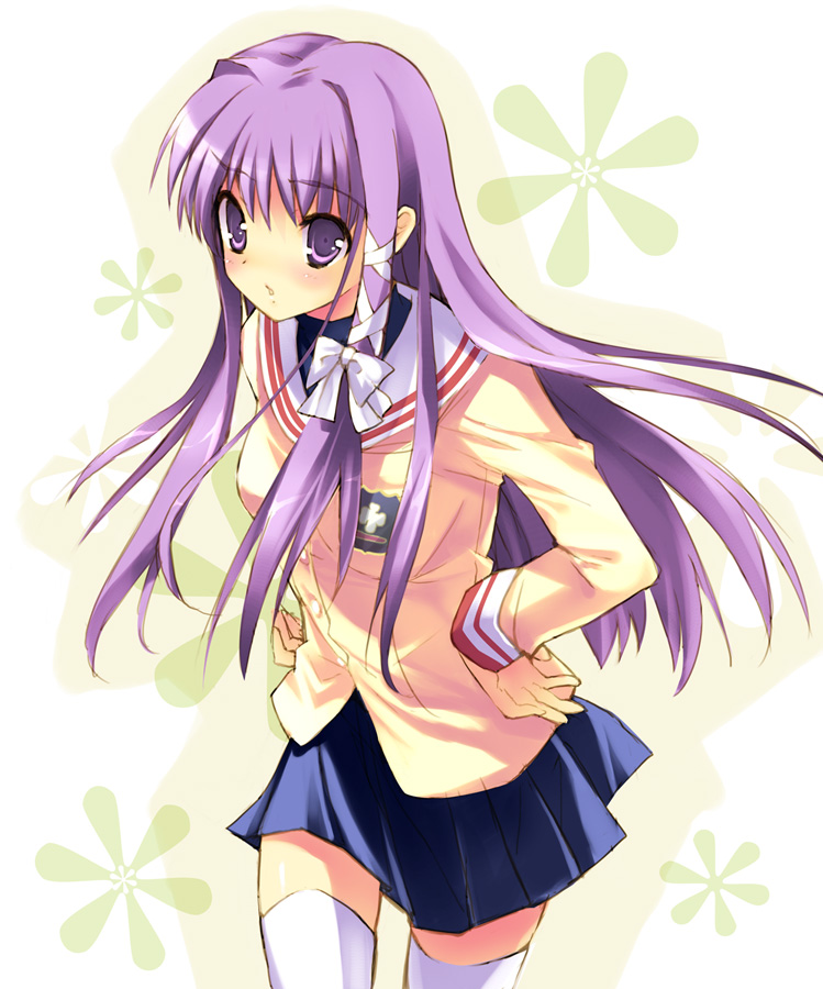 fujibayashi_kyou, hair_ribbon, hands_on_hips, long_hair, purple_eyes, purple_hair, ribbon, school_uniform