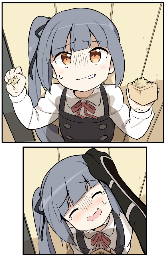 1girl, 2koma, blush, brown_eyes, closed_eyes, comic, dress, eyebrows_visible_through_hair