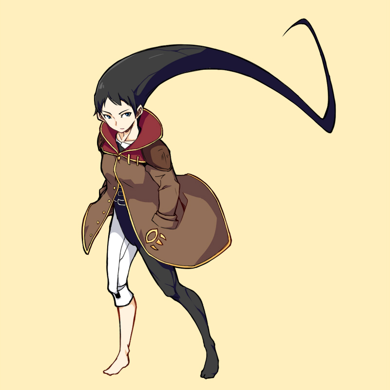 1girl, asymmetrical_clothes, azel_(panzer_dragoon), black_eyes, black_hair, black_legwear, closed_mouth, coat