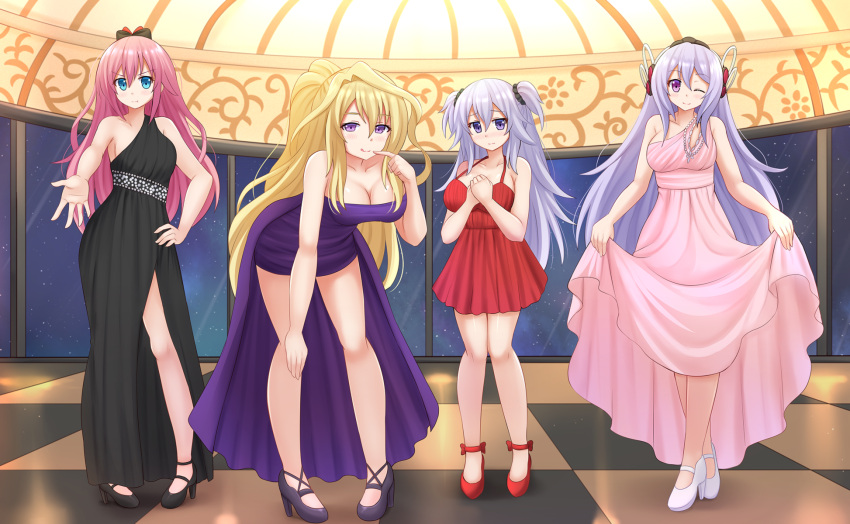 4girls, :q, :t, ;), bare_shoulders, black_dress, black_footwear, blonde_hair
