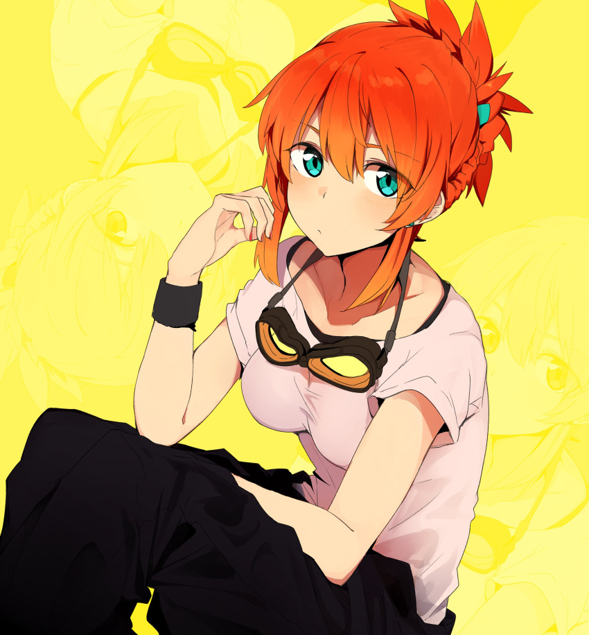 1girl, absurdres, amano_tora, aqua_eyes, eyewear_around_neck, goggles, hair_ribbon, highres