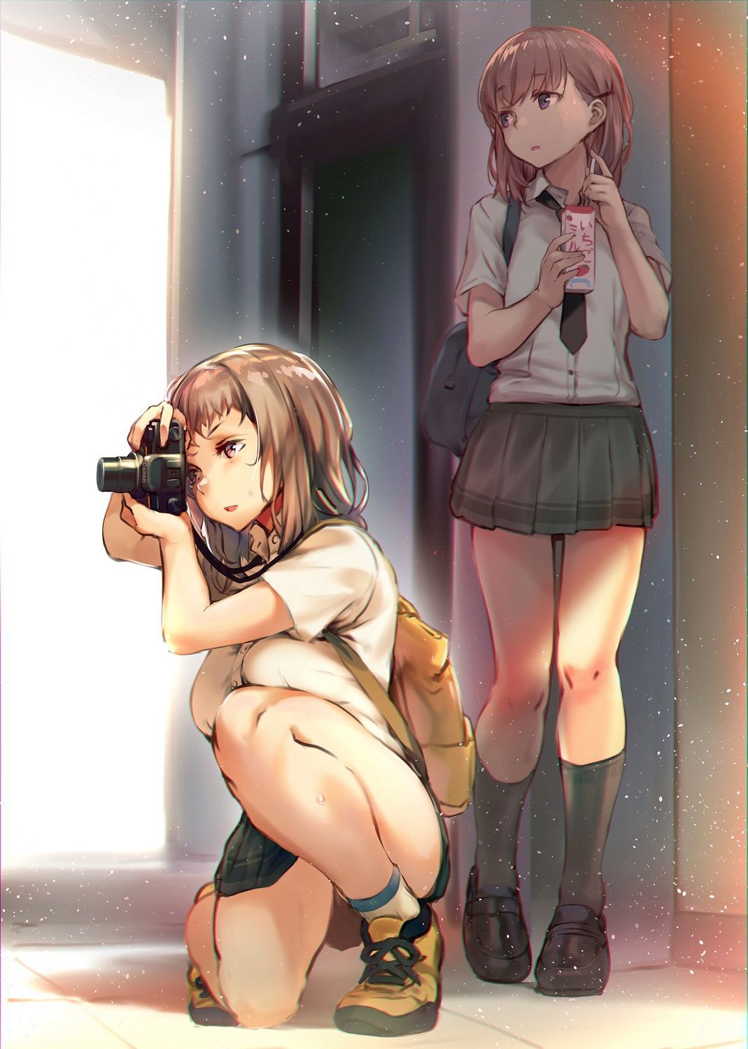 2girls, :0, bag, bangs, breasts, brown_eyes, brown_hair, camera
