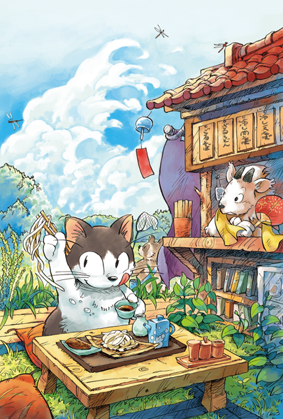 animal, book, bookshelf, cat, chopsticks, cloud, clouds, dragonfly