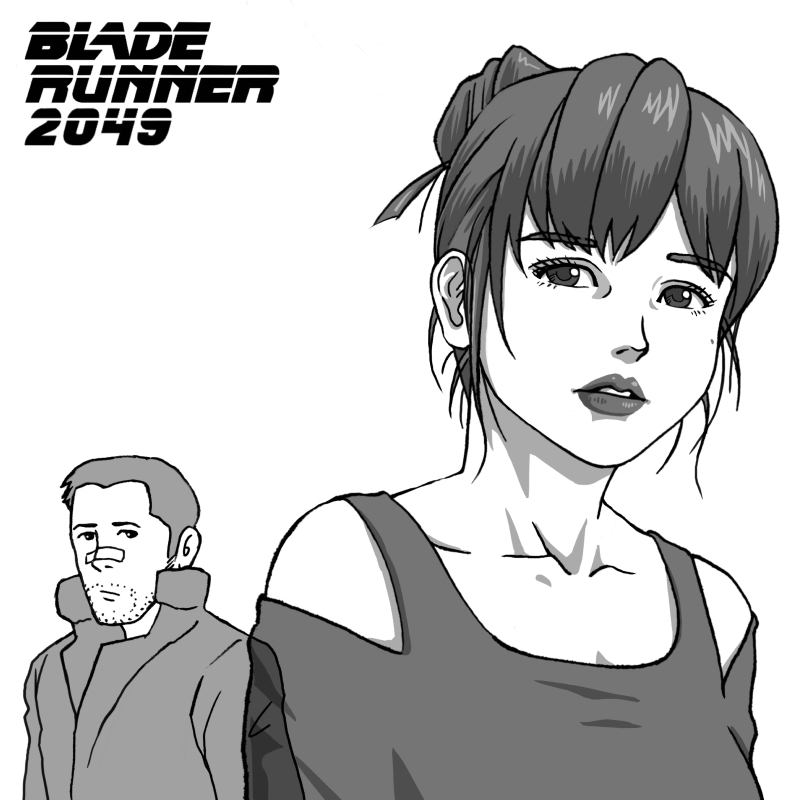 1boy, 1girl, bandaid, bandaid_on_face, blade_runner, blade_runner_2049, coat, commentary_request