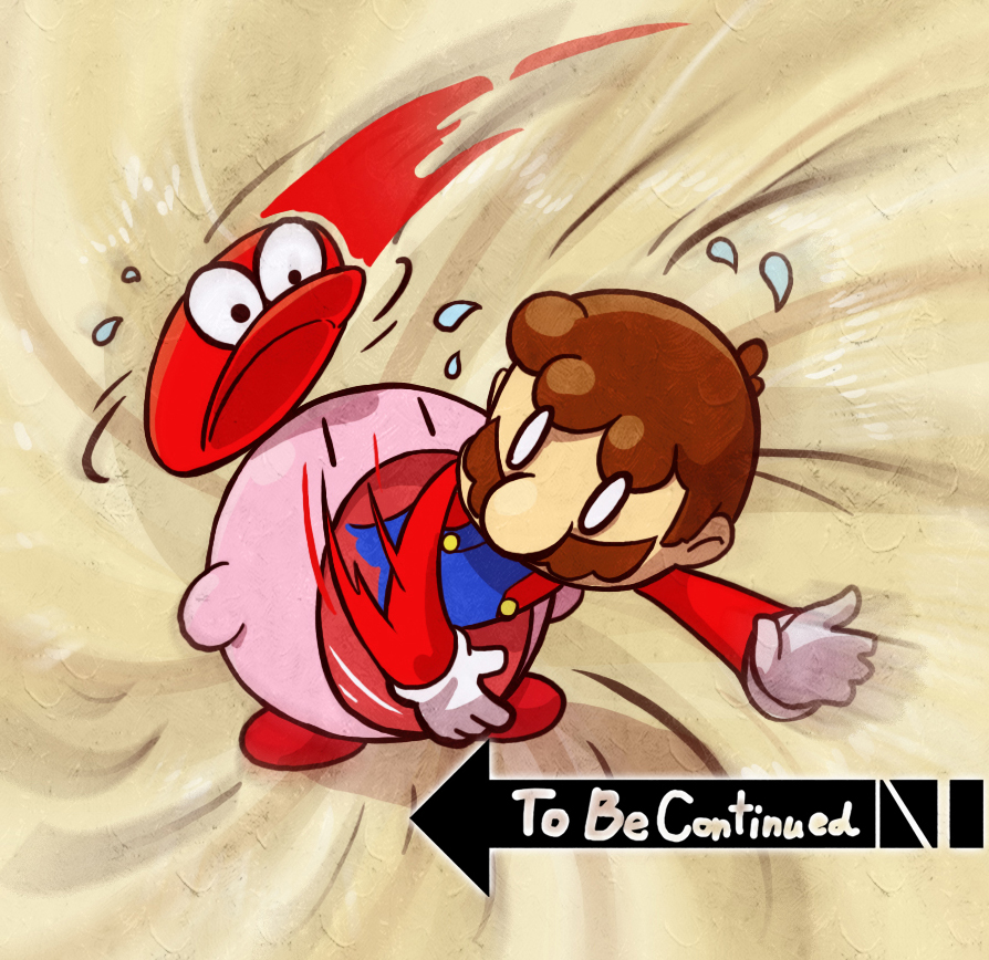 0_0, 1boy, brown_hair, cappy_(mario), facial_hair, flying_sweatdrops, gloves, hat, hoshi_no_kirby, inhaling, jojo_no_kimyou_na_bouken, kirby, kirby_(series), mario, super_mario_bros., mustache, pink_puff_ball, super_mario_odyssey, suspenders, to_be_continued, white_gloves, xin_yu_hua_yin