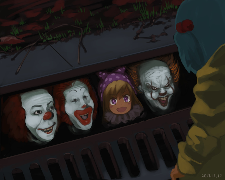 2girls, 3boys, blonde_hair, blue_hair, clownpiece, dated, evil_grin, evil_smile