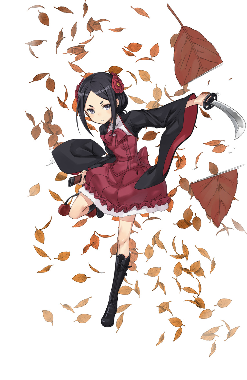 1girl, autumn_leaves, black_footwear, black_hair, dress, eyebrows, flower, full_body
