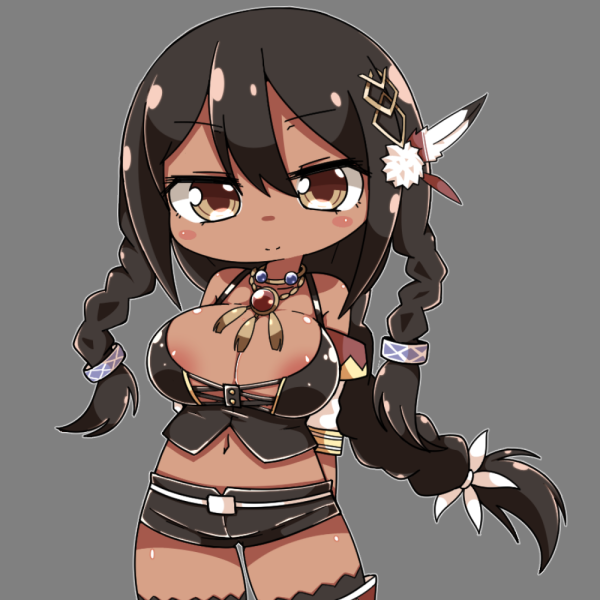 1girl, anahoriya, arms_behind_back, azur_lane, bangs, bare_shoulders, belt, black_hair, black_legwear, black_shirt, black_shorts, blush_stickers, braid, breasts, cleavage, closed_mouth, collarbone, cowboy_shot, dark_skin, detached_sleeves, eyebrows, eyebrows_visible_through_hair, facing_viewer, feathers, gem, grey_background, hair_between_eyes, hair_feathers, hair_ornament, jewelry, large_breasts, legs_apart, light_brown_eyes, long_hair, looking_at_viewer, native_american, necklace, outline, pom_pom_(clothes), shiny, shiny_skin, shirt, short_shorts, shorts, simple_background, single_braid, smile, solo, south_dakota_(azur_lane), standing, tank_top, thigh-highs, tsurime, twin_braids, very_long_hair, white_belt, white_outline