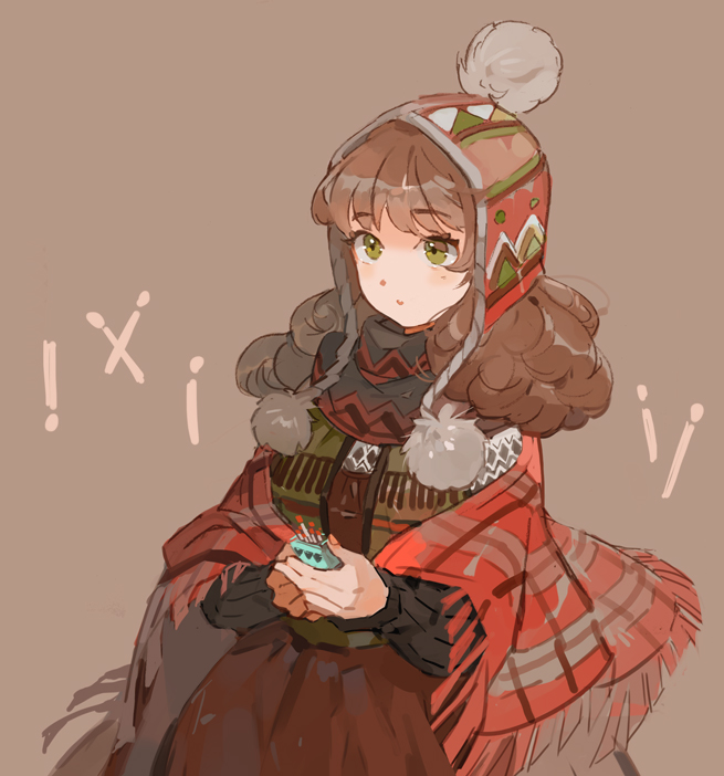1girl, brown_background, brown_hair, green_eyes, little_match_girl, long_hair, looking_at_viewer, matchbox