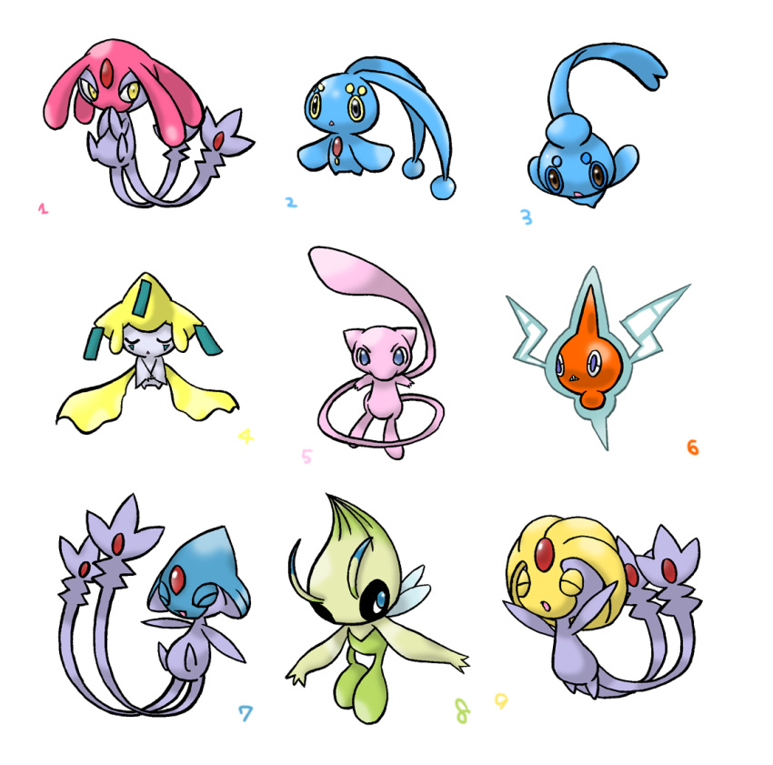celebi, jirachi, manaphy, mesprit, mew, nintendo, no_humans, phione, pokemon, rotom, simple_background, subako, uxie
