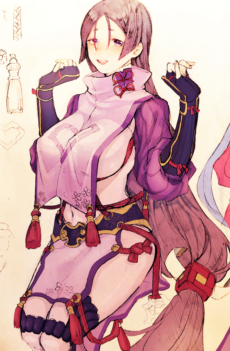 1girl, black_hair, blush, breasts, fate/grand_order, fate_(series), highres, honda_(obon), huge_breasts, long_hair, looking_at_viewer, minamoto_no_raikou_(fate/grand_order), navel, open_mouth, sitting, smile, solo, very_long_hair, violet_eyes