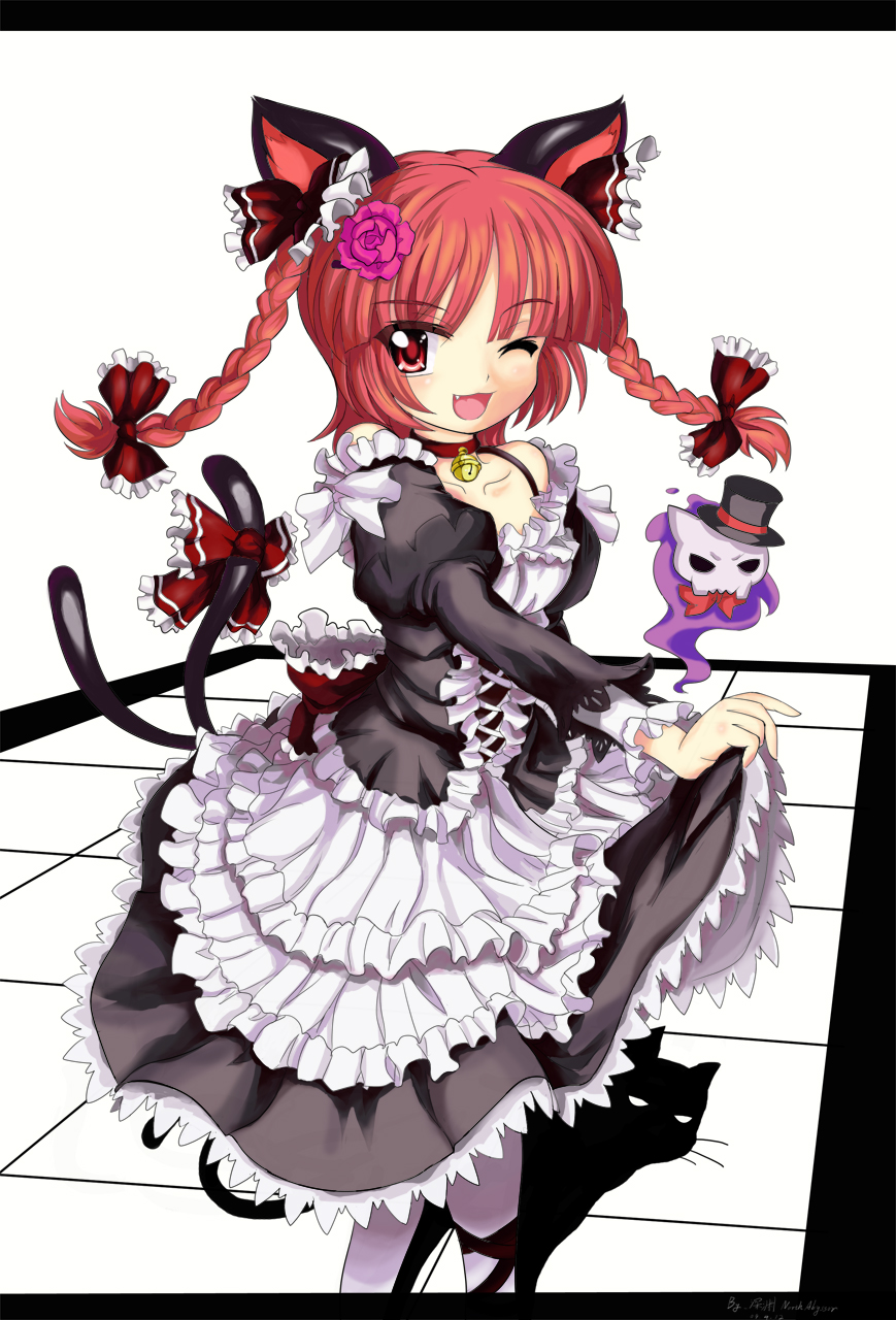 abyss_of_parliament, alternate_hairstyle, animal_ears, bangs, bell, blunt_bangs, braid, cat_ears