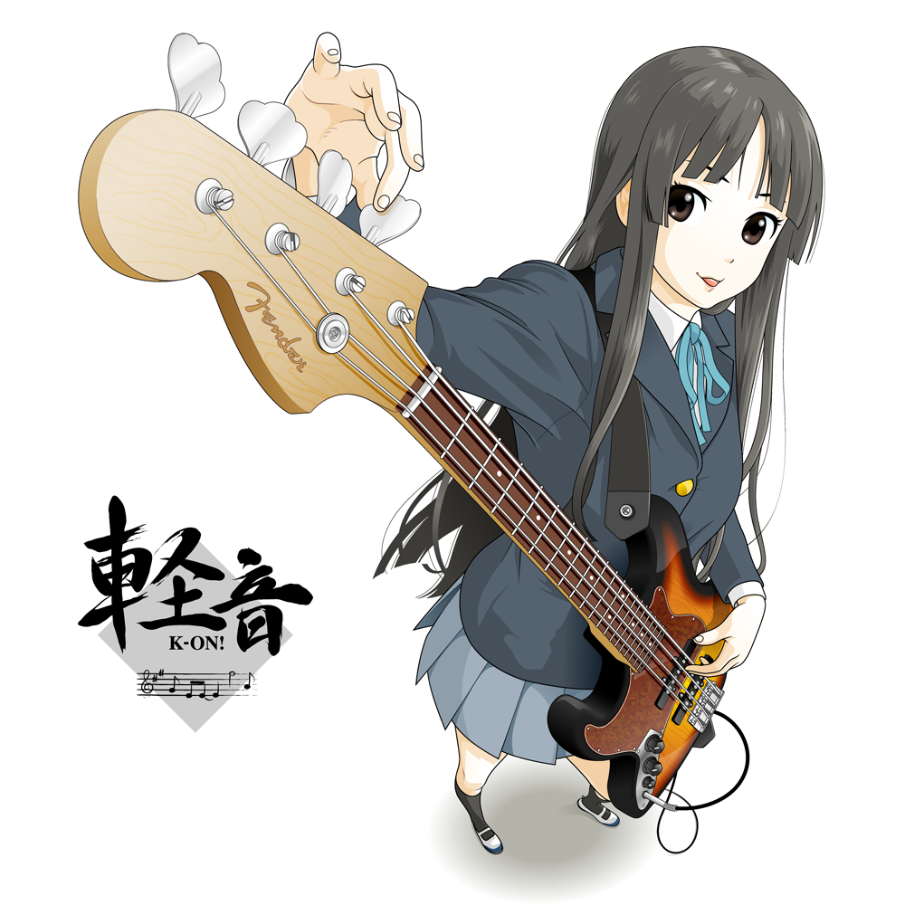 bangs, bass_guitar, black_eyes, black_hair, blunt_bangs, brown_eyes, guitar, hime_cut