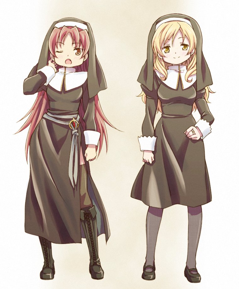 2girls, blonde_hair, blush, breasts, cassock, drill_hair, grey_background, jewelry