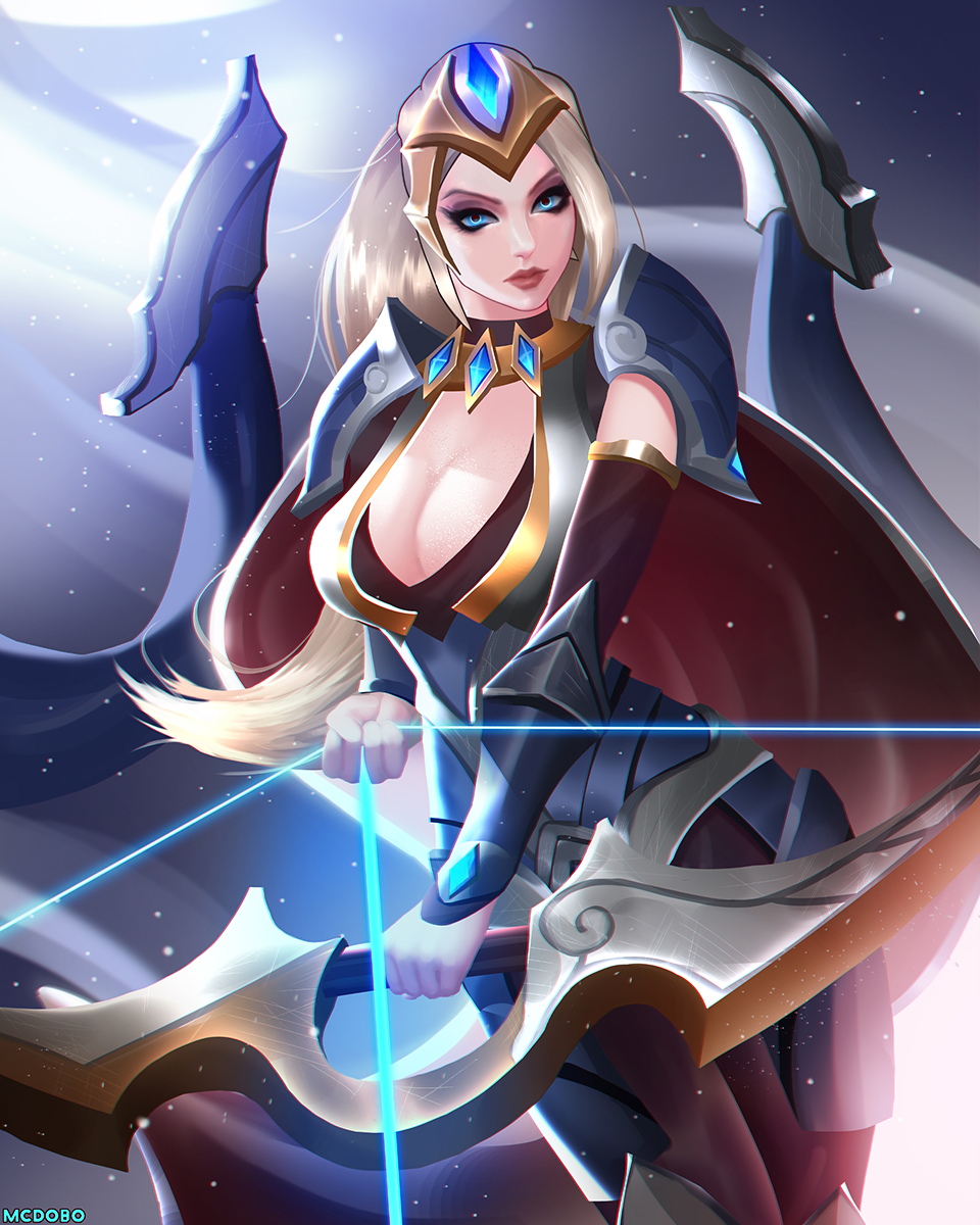 1girl, ashe_(league_of_legends), blonde_hair, blue_eyes, bow_(weapon), breasts, championship_ashe, cleavage, highres, league_of_legends, long_hair, mcdobo, medium_breasts, tagme, weapon