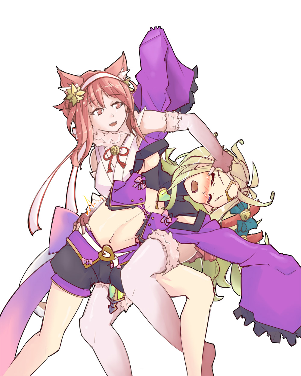2girls, ahoge, animal_ears, blush, boots, cape, cat, cat_ears