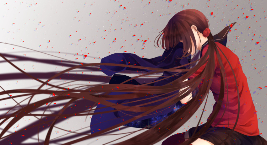 1girl, absurdly_long_hair, black_skirt, blue_jacket, borrowed_garments, brown_hair, dangan_ronpa, floating_hair