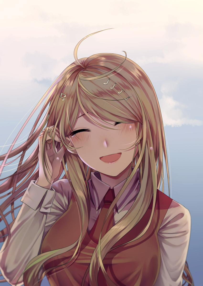 1girl, ahoge, akamatsu_kaede, alti_meizi, blonde_hair, blush, brown_neckwear, brown_sweater