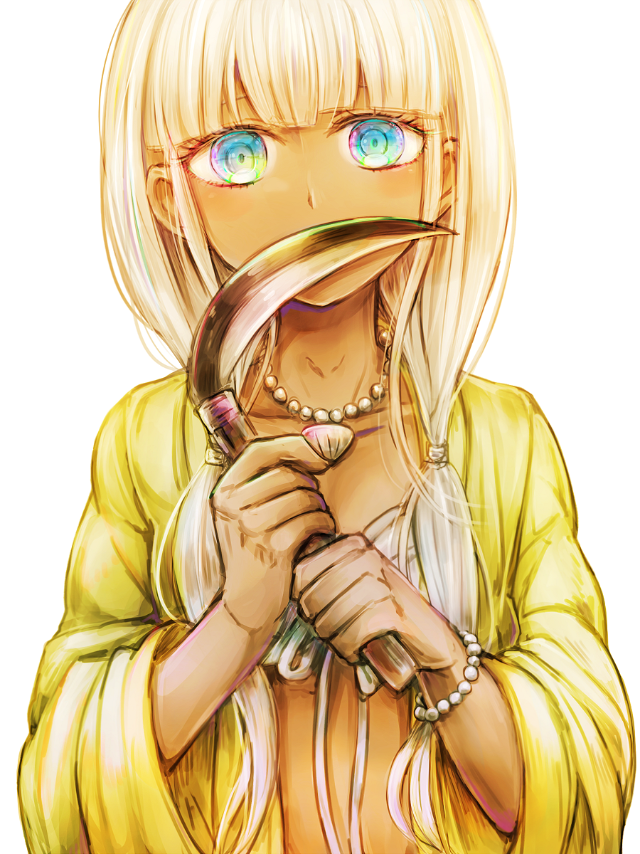 1girl, blue_eyes, breasts, cleavage, collarbone, dangan_ronpa, hair_ornament, highres