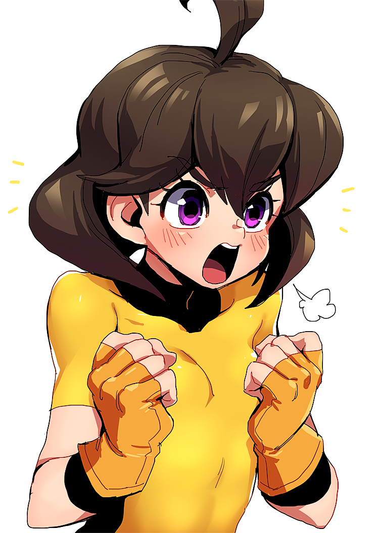 1girl, ahoge, arms_(game), blush, bodysuit, brown_hair, gloves, mechanica_(arms)