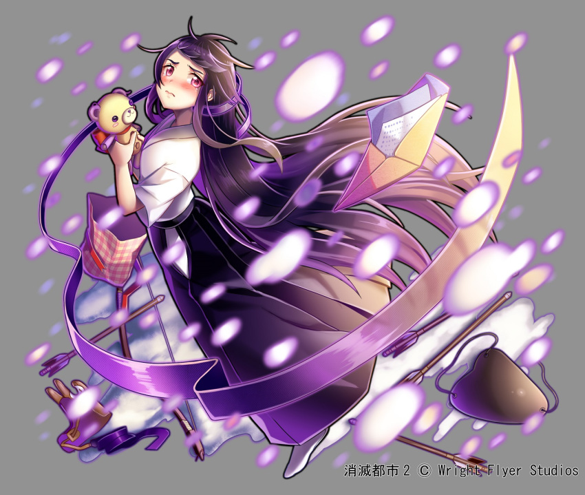 1girl, arrow, bag, black_hair, blush, bow_(weapon), grey_background, hair_ribbon