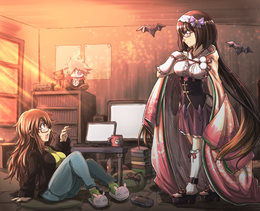 2girls, animal_slippers, are_you_my_master, bat, book, book_stack, bottle, bunny_slippers