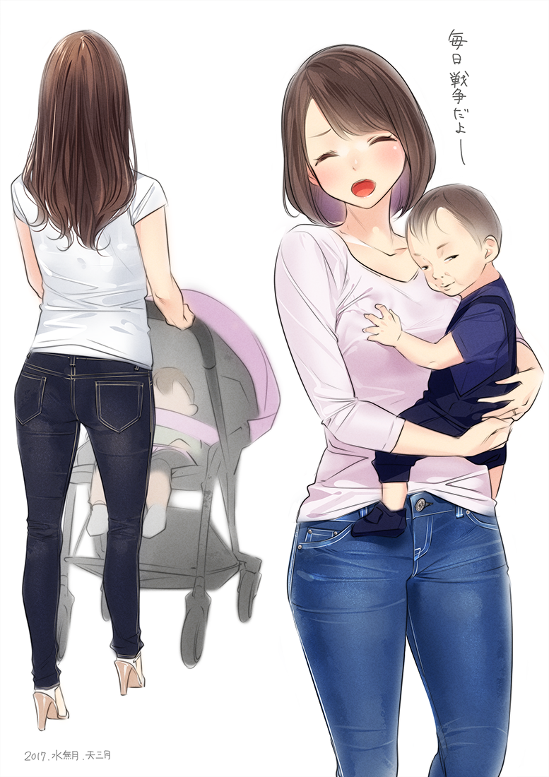 2girls, :d, ^_^, ama_mitsuki, ass, baby, blush, bra_through_clothes, brown_hair, carrying, child, closed_eyes, commentary_request, dated, denim, from_behind, high_heels, jeans, long_hair, multiple_girls, multiple_views, open_mouth, original, pants, pink_shirt, shirt, short_hair, simple_background, smile, stroller, translation_request, white_background, white_shirt