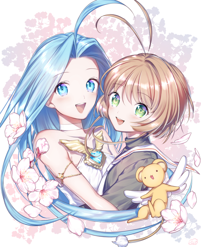 2girls, ahoge, antenna_hair, bare_shoulders, blue_eyes, blue_hair, brown_hair, card_captor_sakura