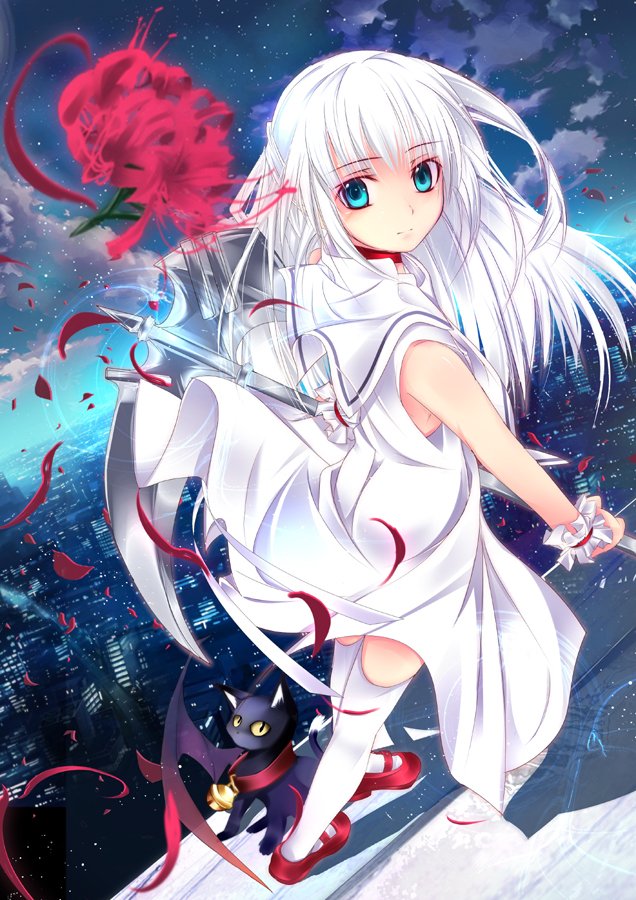 bad_id, black_cat, blue_eyes, cat, city, daniel, daniel_(shinigami_no_ballad), dress