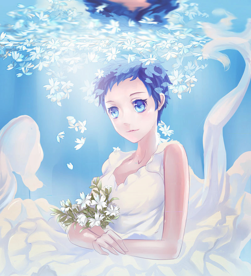 1girl, blue_eyes, blue_hair, bouquet, dress, flower, kiko_(soumakiko), looking_at_viewer, natsuyuki_rendezvous, reflection, shimao_rokka, short_hair, solo, underwater, white_dress, white_flowers
