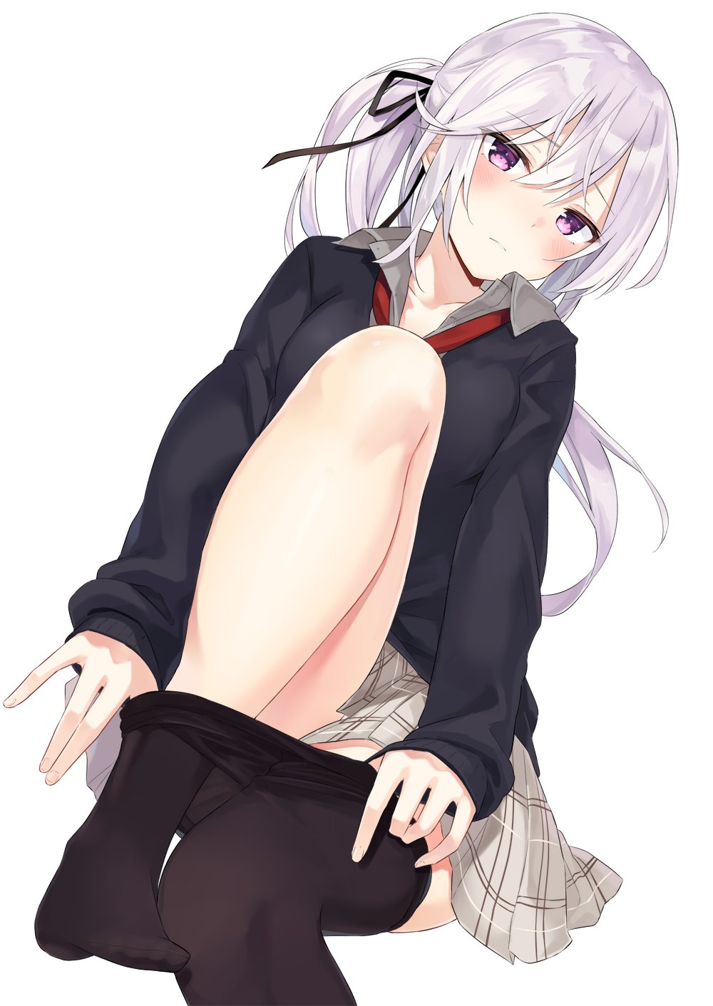 1girl, azuuru, bangs, black_hair, black_jacket, black_legwear, blush, closed_mouth