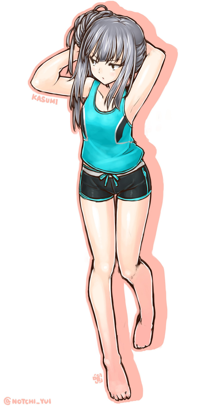 1girl, absurdres, alternate_costume, armpits, barefoot, breasts, character_name, collarbone