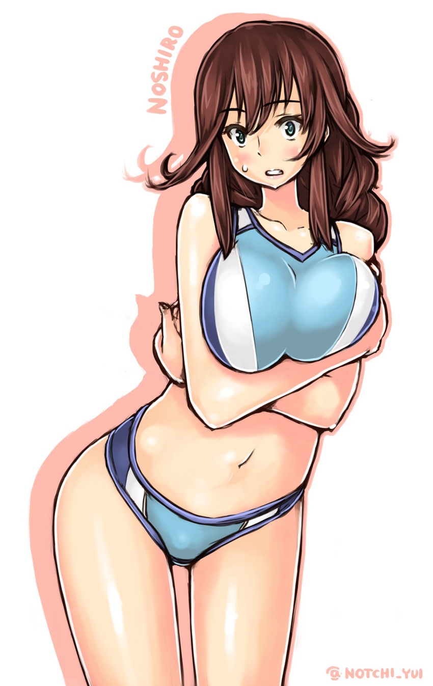 1girl, absurdres, bare_shoulders, blue_eyes, blush, braid, breasts, brown_hair