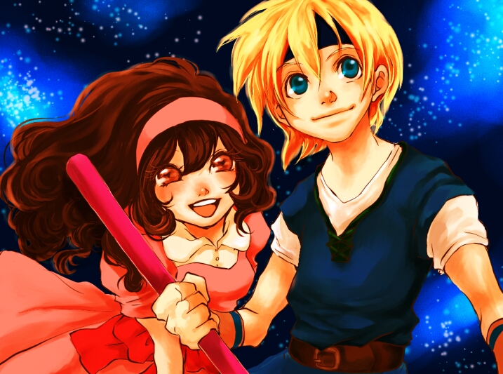 1boy, 1girl, belt, blonde_hair, blue_eyes, brown_eyes, brown_hair, dress