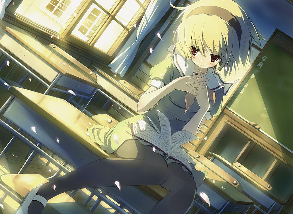blonde_hair, blush, book, chair, chalkboard, cherry_blossoms, classroom, curtains, desk, dress, dutch_angle, gyuunyuuou, hairband, hands_clasped, higurashi_no_naku_koro_ni, houjou_satoko, mary_janes, pantyhose, petals, red_eyes, sailor_dress, school, school_uniform, shoes, short_hair, sitting, skirt, smile, solo, sunlight, uwabaki, window
