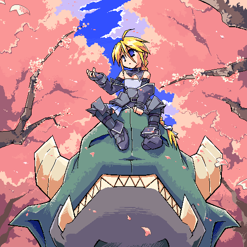 blonde_hair, blue_eyes, dragon, gloves, lowres, oekaki, original, redrantem