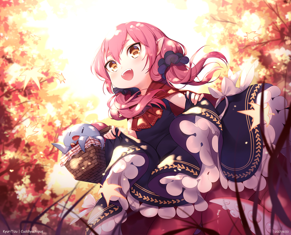 1girl, :d, ascot, autumn_leaves, bangs, blurry, blurry_foreground, blush