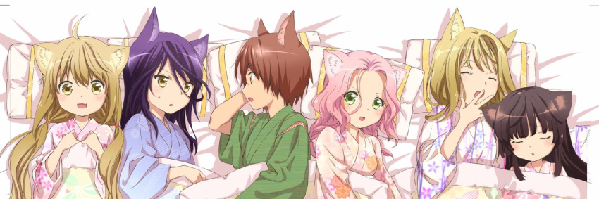 6+girls, :d, amano_sakuya, animal_ears, black_hair, blue_kimono, brown_hair, covering_mouth