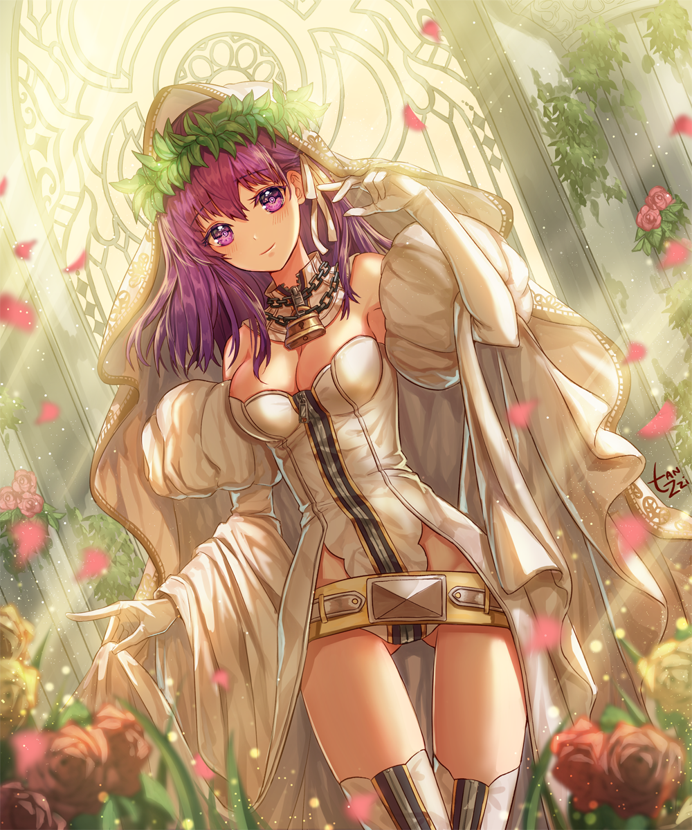 1girl, bare_shoulders, bekt, blush, breasts, bridal_veil, chains, cleavage
