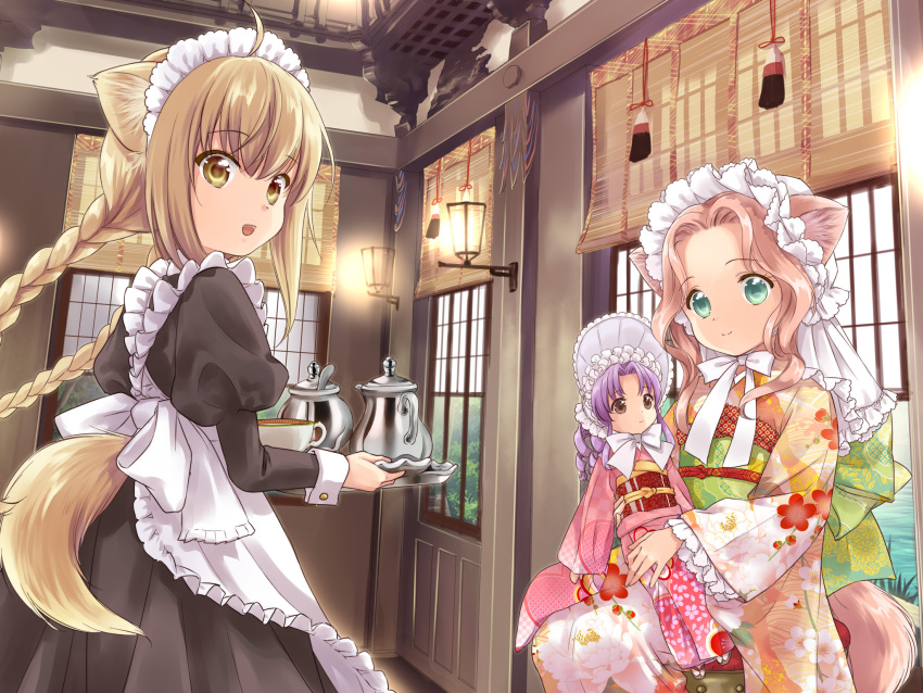 3girls, :d, ahoge, alternate_hairstyle, amano_sakuya, animal_ears, apron, bangs