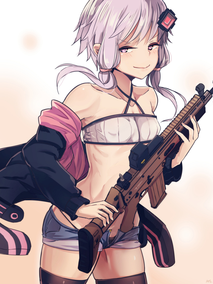 1girl, absurdres, animal_hood, assault_rifle, at2., bandeau, bare_shoulders, black_legwear