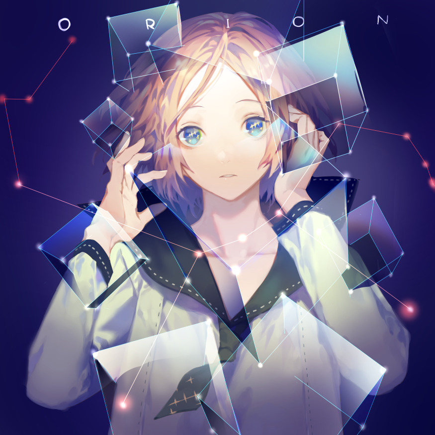 1girl, abstract, black_sailor_collar, blonde_hair, blue_eyes, constellation, hands_up, long_sleeves